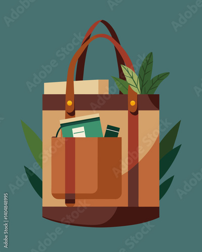 A versatile tote bag made from repurposed canvas and leather scraps demonstrating the possibilities of sustainable and creative design.. Vector illustration