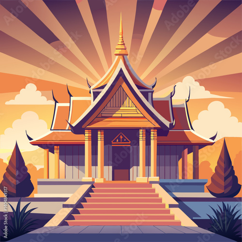 A large building with a lot of detail and a lot of color. The building is a temple and the sun is shining on it