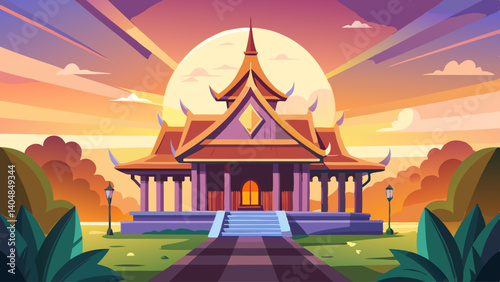 A large building with a lot of detail and a lot of color. The building is a temple and the sun is shining on it