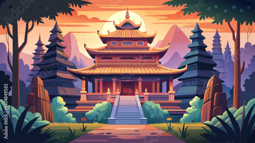 A large building with a steeple and a large tree in front of it. The building is surrounded by trees and has a lot of detail