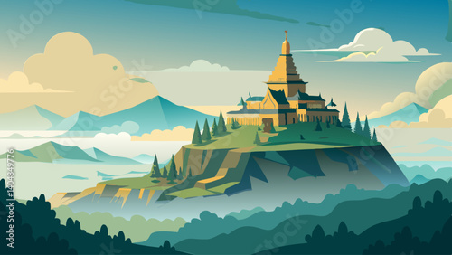 A mountain range with a large building in the middle. The building has a lot of steps leading up to it