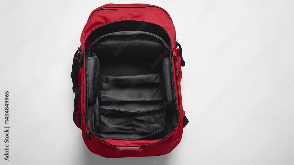 Fototapeta premium Red backpack open for travel hiking camping school college gear bag luggage accessories and storage equipment