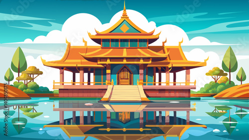 A beautiful oriental building with a large courtyard and a pond in front of it. The pond is surrounded by trees and the building has a lot of intricate details