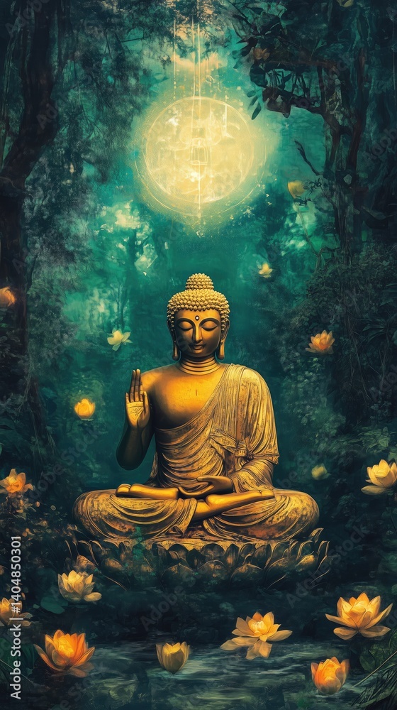 Golden buddha statue in tranquil forest with glowing lotus flowers and moon Golden buddha statue in tranquil forest with glowing lotus flowers and moon