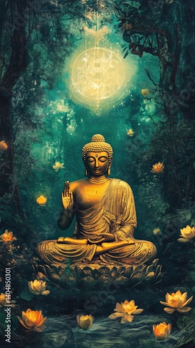 Wallpaper Mural Golden buddha statue in tranquil forest with glowing lotus flowers and moon Torontodigital.ca