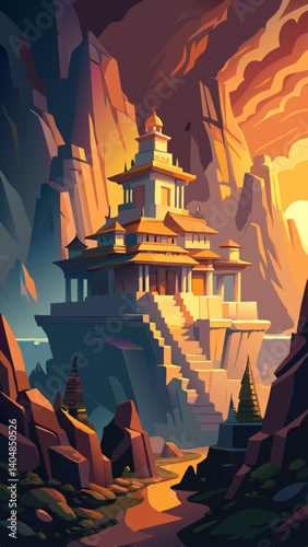 A mountain landscape with a large building in the foreground. The building is surrounded by rocks and has a steep staircase leading up to it. The sky is orange and the sun is setting, creating a warm