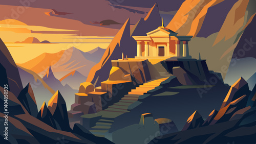 A mountain landscape with a large building in the foreground. The building is surrounded by rocks and has a steep staircase leading up to it. The sky is orange and the sun is setting, creating a warm