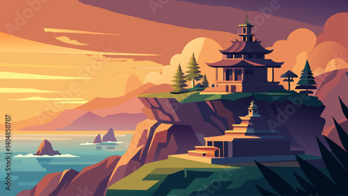 A stunning sunset over a rocky cliff with a small temple in the distance. The sky is filled with warm, vibrant colors as the sun sets, creating a serene and peaceful atmosphere