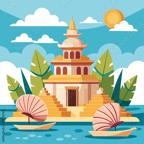 A beautiful island with a large building and two boats. The boats are small and are floating on the water. The sky is blue with some clouds