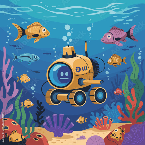 Cute Underwater Robot Exploring Colorful Coral Reef Scene