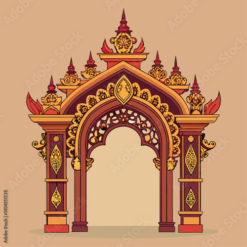 A large archway with gold and red decorations. The archway is ornate and has a sense of grandeur