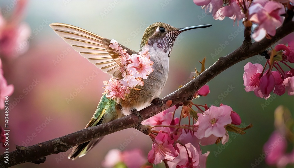 Obraz premium A hummingbird perched on a branch surrounded by pink cherry blossoms in a soft focused scene