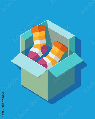 A pair of socks with each sock individually wrapped and then p in a plastic bag inside a cardboard box.. Vector illustration