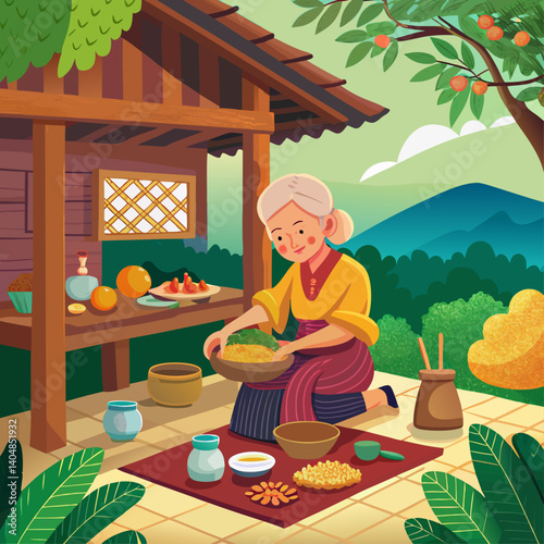 A woman is cooking in a kitchen with a lot of food on the table. She is wearing a yellow shirt and a red skirt