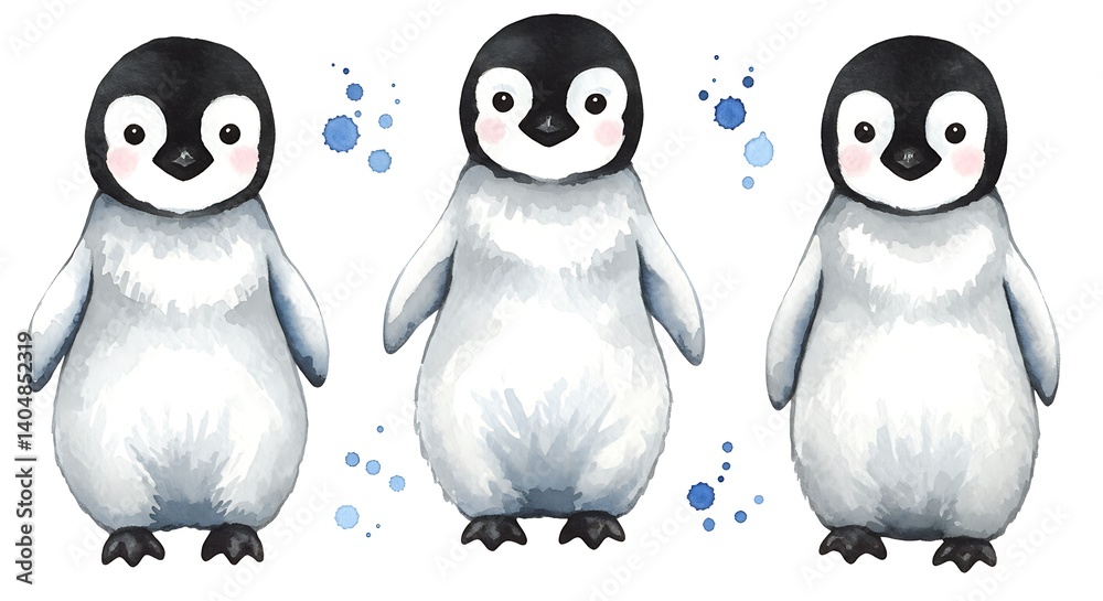 Fototapeta premium Watercolor Trio: A Penguin Portrait AI Generated