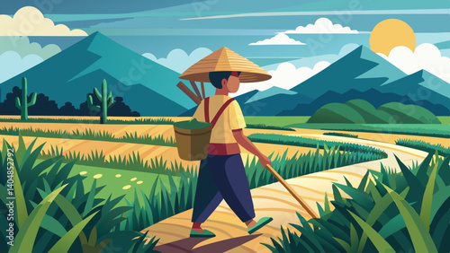 A man wearing a straw hat is walking down a path with a basket on his back. The scene is set in a mountainous area with a bright sun in the sky