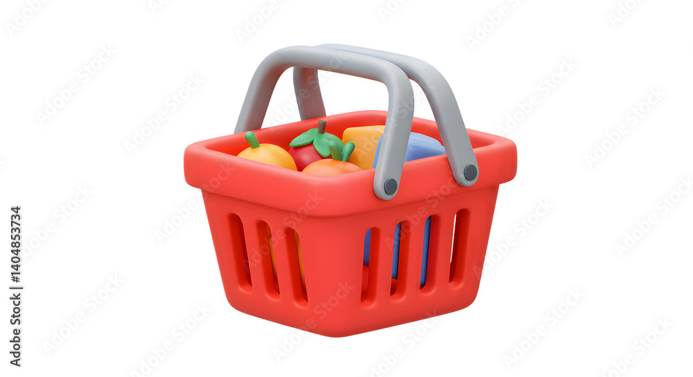 Fototapeta premium Red Shopping Basket 3D Render with Fruits and Groceries
