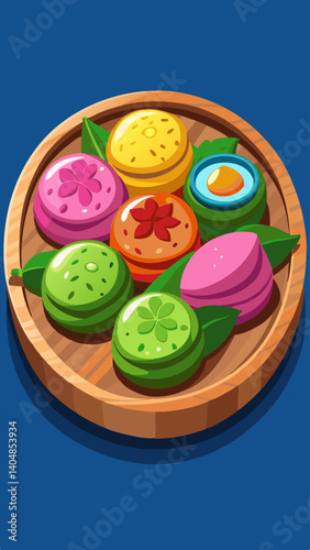 A bowl of assorted fruits and vegetables, including strawberries, green peppers, and tomatoes. The bowl is placed on a wooden table