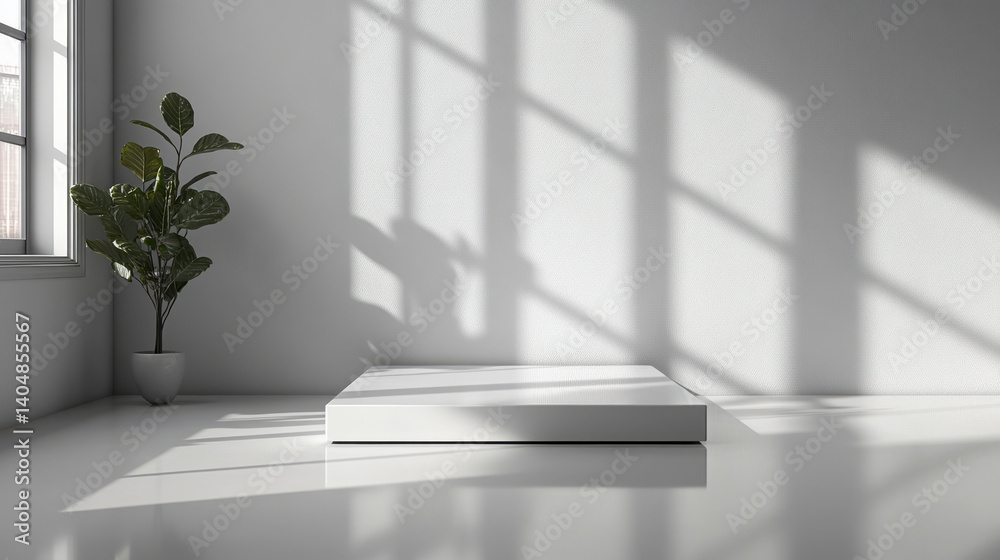 Fototapeta premium Minimalist Interior With White Rectangular Platform and Potted Plant: Bright Natural Light From Large Window Casts Geometric Shadows on Floor and Walls.