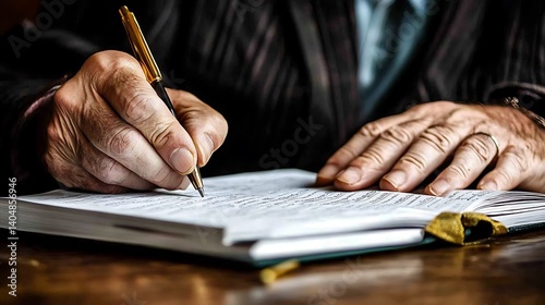 Aged hands meticulously write in a journal.