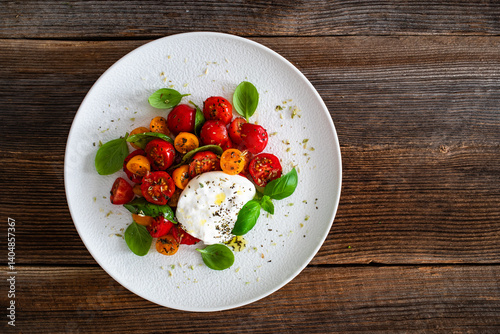 Caprese salad - tomatoes, fresh basil leaves and burrata cheese on wooden background	