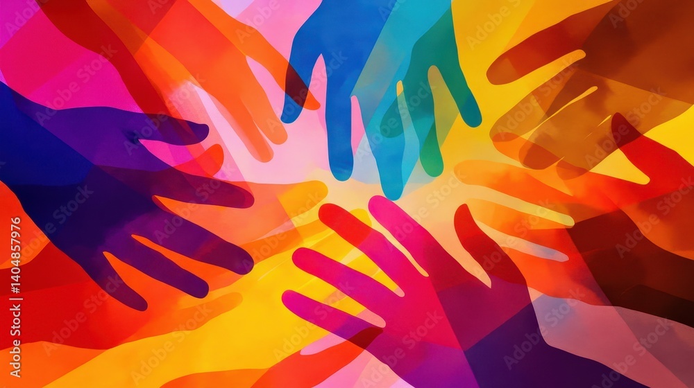 Colorful abstract representation of diverse hands reaching towards a central point of light