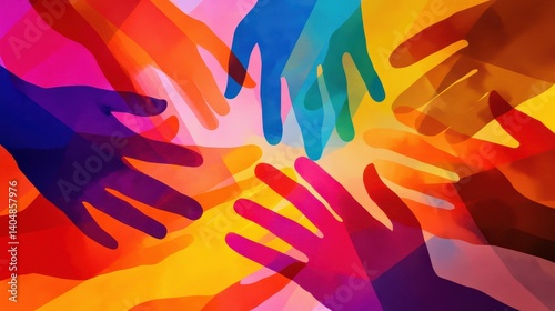 Obraz na płótnie Colorful abstract representation of diverse hands reaching towards a central point of light w salonie