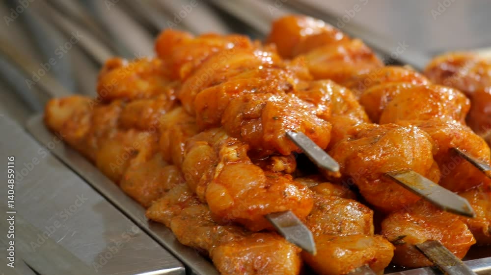 Grilled chicken skewers being prepared at local market Grilled chicken skewers being prepared at local market