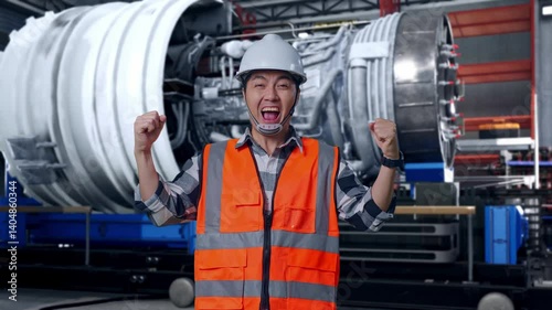 Wallpaper Mural Asian Male Engineer With Safety Helmet Screaming Goal Celebrating Working With Airplane Engine Maintenance Conducted, Analytics Checking the Turbine Torontodigital.ca
