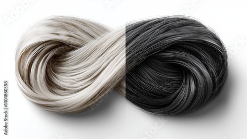 Isolated on white background, white hair strand turning into dark black, symbolic style for hair darkening or reverse gray hair product 