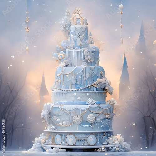 A multi-tiered cake with layers of ice-blue