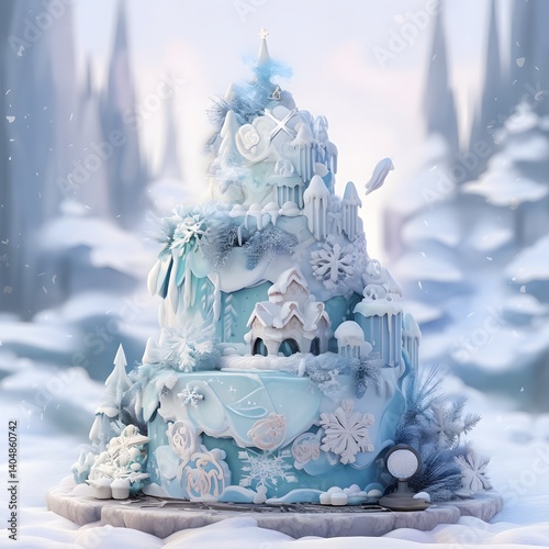 A multi-tiered cake with layers of ice-blue