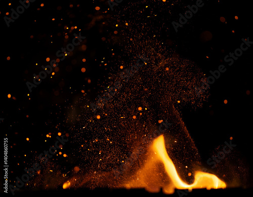 Abstract fire particles in motion, dark background, glowing ember lights with bokeh effect.