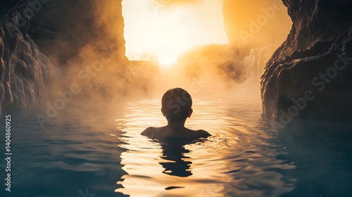 Silhouette of Person in Geothermal Hot Spring at Sunset