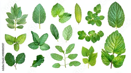 Collection of fresh green mint leaves and herbs for culinary and medicinal use isolated on white background
