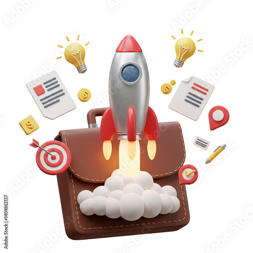 3D Business Launch Rocket Entrepreneurship Success Innovation Growth Strategy Target Achievement Plan