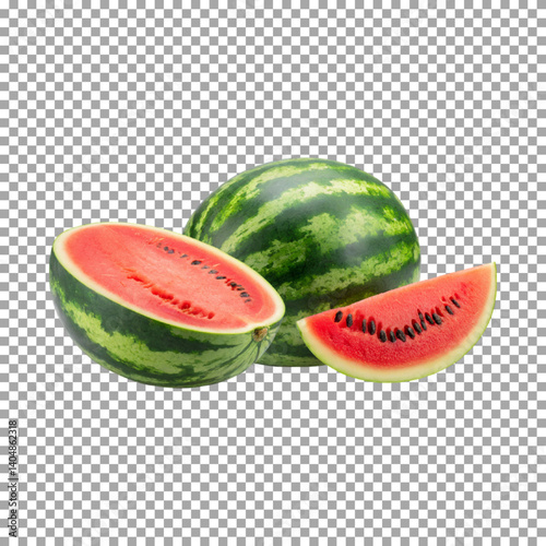 Juicy watermelon with sliced, Close-Up of Ripe Watermelon with Vibrant Red Flesh and Seeds on transparent background, png, psd
