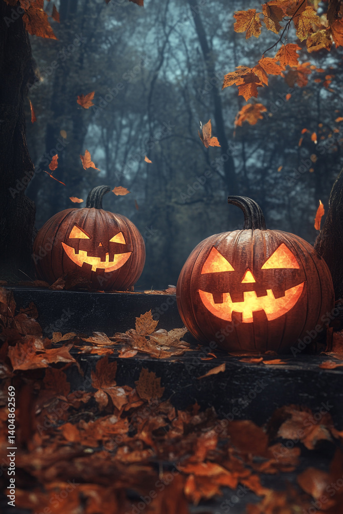 Fototapeta premium Spooky Halloween Jack-o'-lanterns on Autumn Steps in Dark Forest