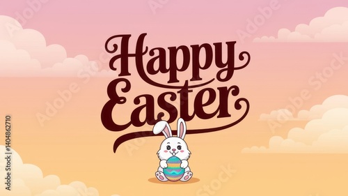 Charming easter illustration featuring a cute bunny holding vibrantly colored eggs against a pastel sky background, perfectly embodying the joyful and whimsical spirit of spring