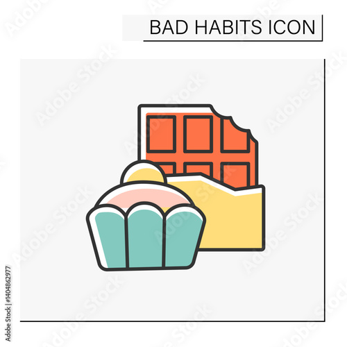 Addiction color icon. Food addiction. Overeating tasty meals. Uncontrollable urge to eat sweets, chocolates and cakes.Bad habits concept. Isolated vector illustration