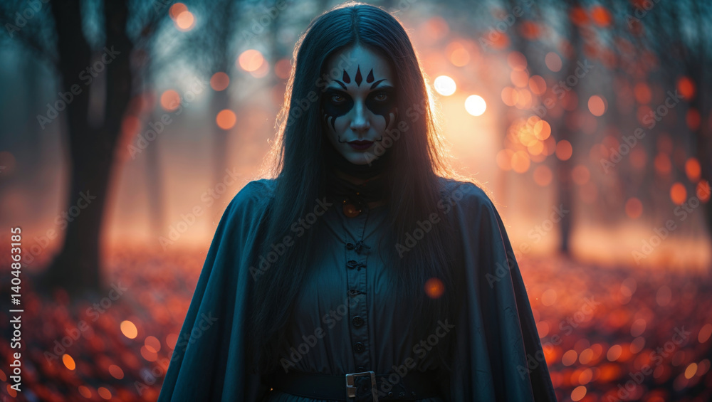 A captivating portrait of a woman with intricate makeup set in a magical autumnal forest scene.