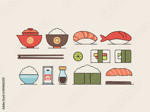 Sushi Delight: An inviting visual of sushi with variety ingredients, perfectly captured in a minimalist vector illustration that will enhance any creative project.