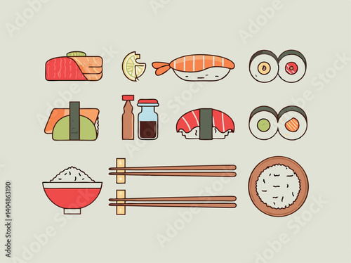 Sushi Delight: A mouthwatering assortment of colorful sushi rolls, nigiri, and other Japanese cuisine elements artfully arranged, accompanied by a zesty lemon, soy sauce and chopsticks. 