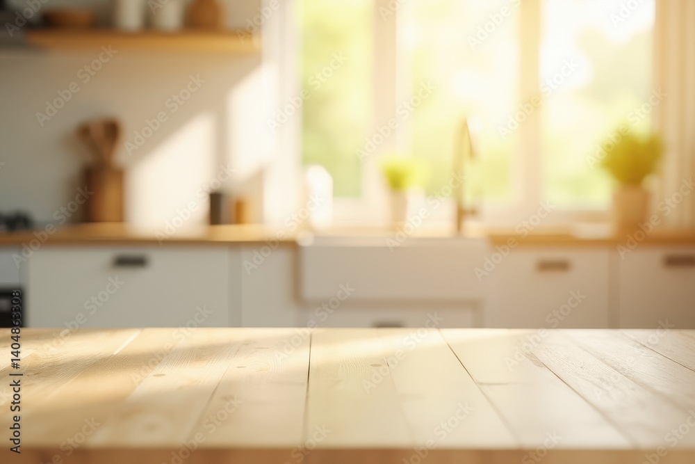 Empty wooden table with the bright white interior of the kitchen as a blurred background behind the bokeh golden sunshine
