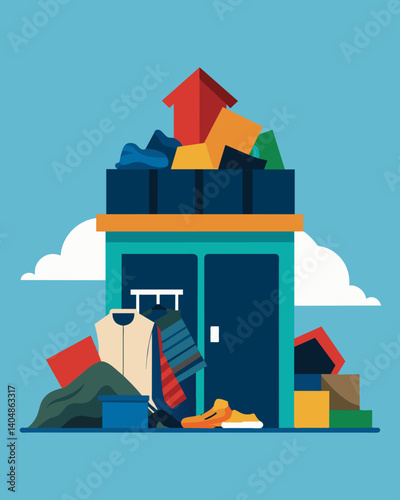 A pile of discarded clothing and items outside a thrift store depicting the increase in donations and decrease in consumer spending on luxury items during a recession.. Vector illustration