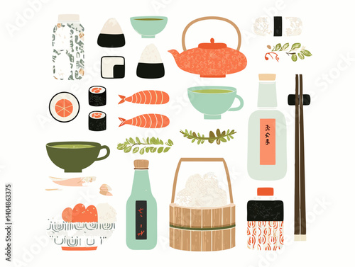 Harmony of Flavors: Exquisite Japanese Culinary Delights. A captivating array of artfully arranged traditional sushi, flavorful sashimi, tea, and essential accompaniments.