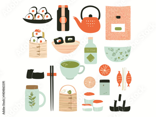 Harmony of Japanese Cuisine: An artistic compilation of essential ingredients, fresh sushi rolls, teacups, and tableware evokes the serenity and culinary pleasure of the Japanese dining experience.