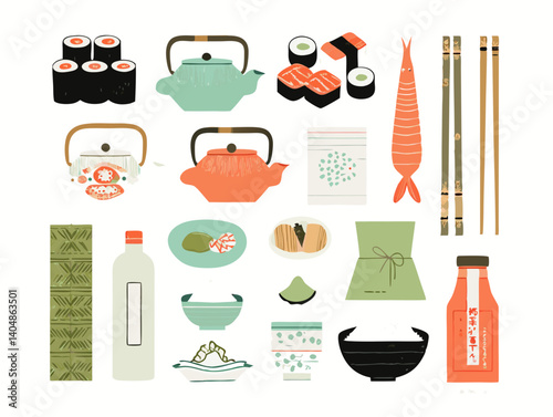 Culinary Essence of Japan: A vibrant and meticulously curated collection of Japanese culinary elements, ranging from artfully arranged sushi rolls to meticulously crafted teapots.