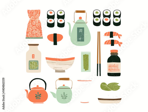 Sushi and Tea Set Illustration: This charming digital illustration features a colorful and comprehensive set of sushi and tea elements.