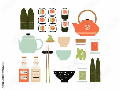Sushi Set Illustration: A delightful illustration showcasing a complete sushi set, including sushi rolls, teapots, bowls, chopsticks, wasabi, pickled ginger, and soy sauce bottles. Perfect for menus.